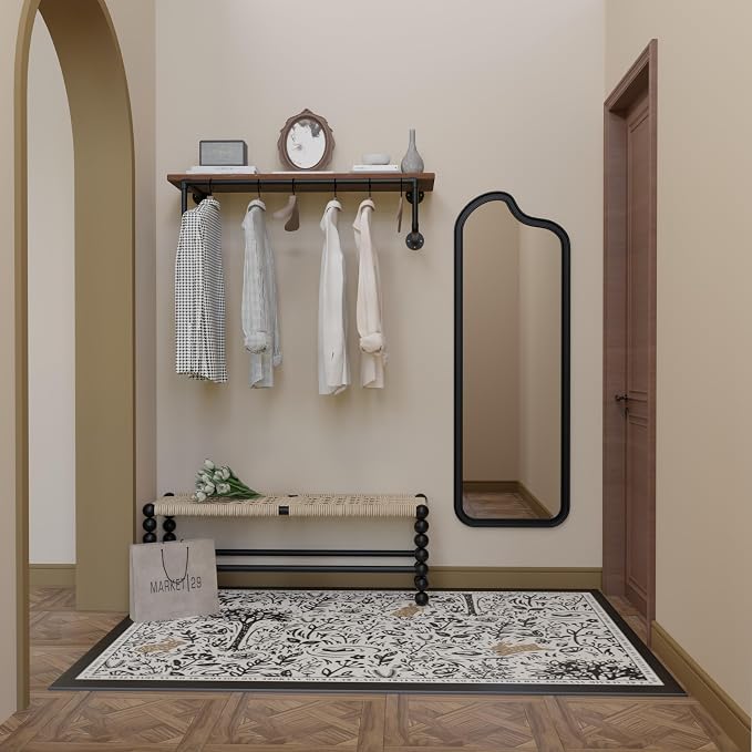 Clothes Rack 36in, Wall Mounted Garment Racks with Brown Real Wood Shelf, Heavy Duty Hanging Clothes Rack, Multi-Purpose Hanging Rod, Space-Saving Closet Storage