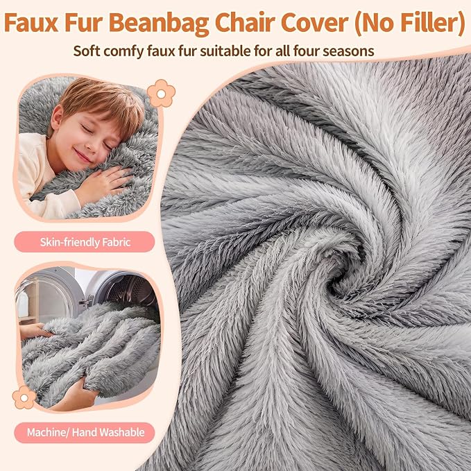 Stuffed Animal Storage Bean Bag Chair Cover, Soft Bean Bag Cover | Fluffy Faux Fur Stuffed Animal Storage Chair, Non-Slip Bottom, Fill with Plush Toys or Blankets, for Kids Teens Adults Girls