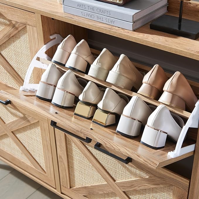 Barnyatoh Farmhouse Shoe Storage Cabinet,Shoe Organizer with 4 Flip Drawers | Freestanding Hidden Slim Narrow Shoe Rack Cabinet,Barn Door Design, Wood Shoes Organizer for Entryway,Foyer,Hallway,Natural