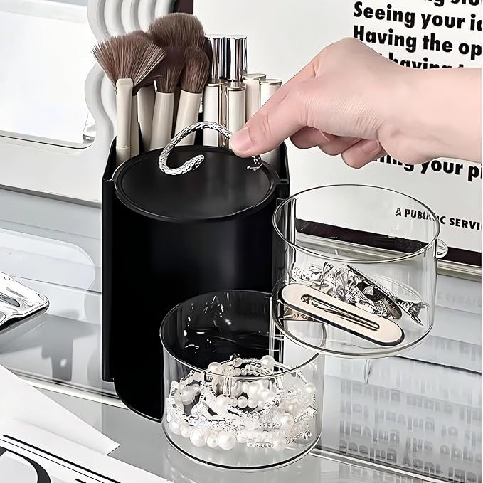 Azurphoric Hair Accessories Organizer with Hair Brush Holder(Black,2-Layer) | Rotatable Makeup Brush Holder for Necklaces, Earring, Bracelet, Ring, Makeup Brushes, Hair Clip and Hair Accessories