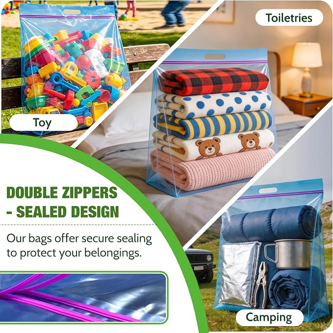 GOONIK 15 Gallon Large Storage Bags with Zipper and Handle for Clothes Pillow Travel Moving, Large, 24” x 24”, Blue, Pack of 3