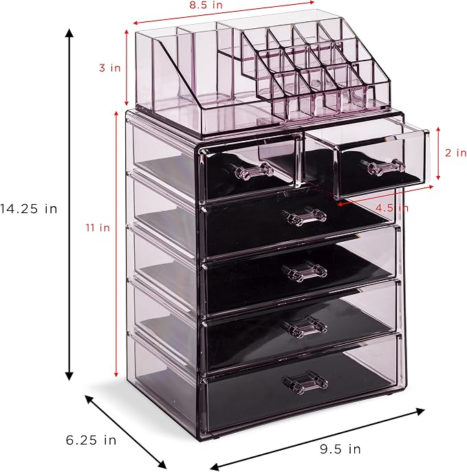 Sorbus Acrylic Makeup Organizer Set, 6-Drawer Vanity & Countertop Cosmetic Storage with Small & Wide Compartments, Purple Makeup Storage for Brushes, Jewelry – Holiday Gift for Women & Teens