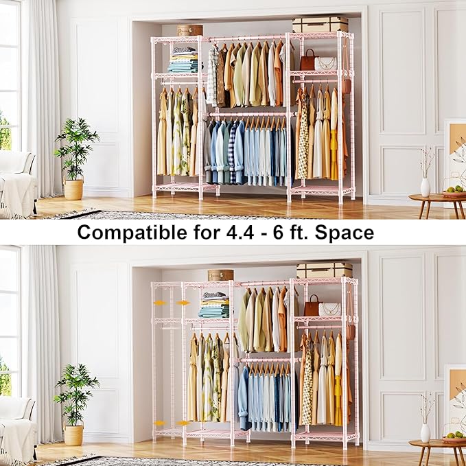 Ulif E7 Garment Rack, Heavy Duty Clothes Storage System with Extendable Hangers Rods, Metal Clothing Rack with 6 Wire Shelves, (52.3"-72") W x 14.5" D x 71.2" H, Load 838lbs, Pink | Metal Clothing Rack with 6 Wire Shelves, Freestanding Portable Closet ...