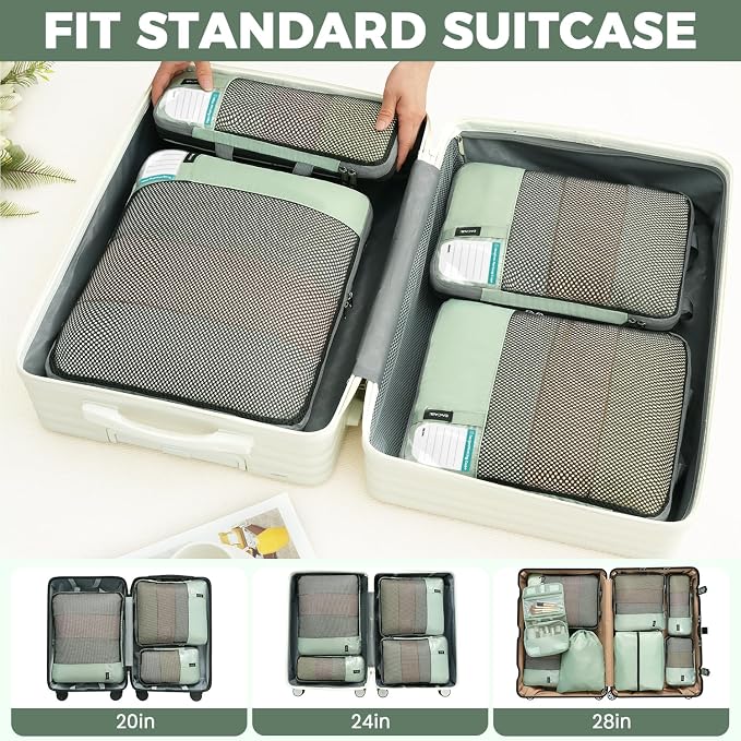 BAGAIL 4 Set/6 Set/8 Set Compression Packing Cubes Travel Accessories Expandable Packing Organizers(HalfMesh, 8-MatchaGreen)
