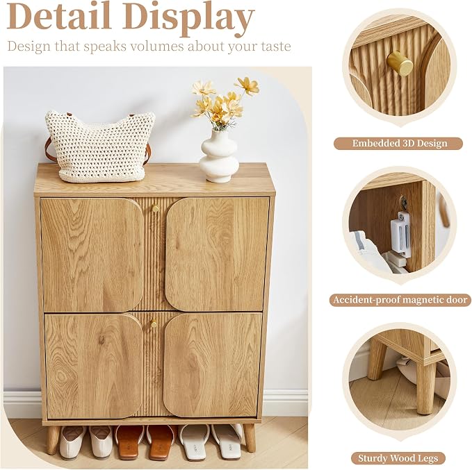 BERRYMERRY Natural Shoe Cabinet with 2 Flip Drawers Fluted Recessed | narrow,entryway,16 pairs shoe,shoe organize,hidden shoe rack,fluted panel,wave pattern,wood,space saving