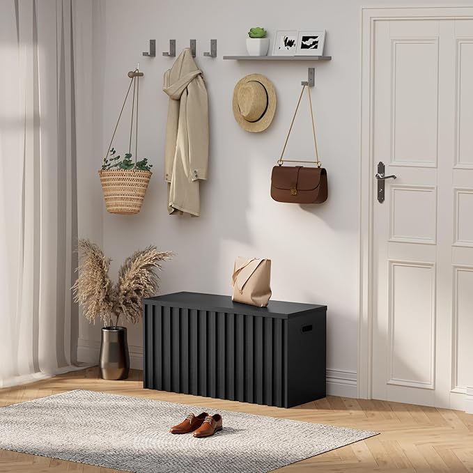 Storage Bench,39.4" Wood Box, Storage Trunk with 2 Safety Hinges, Ottoman Storage Chest, Fluted Storage Bench for Bedroom, Entryway, Living Room(Black)