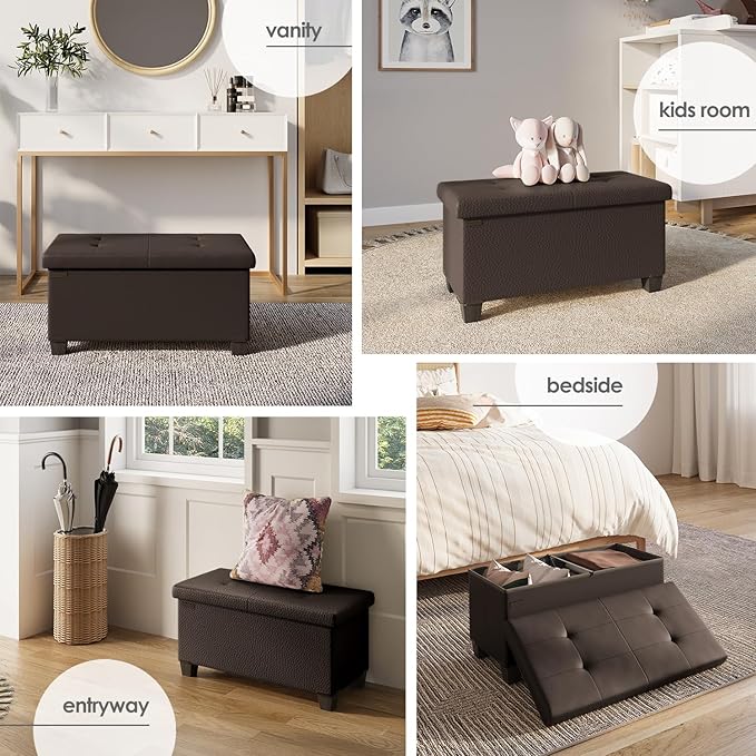 Storage Ottoman Bench with Bins, 30-in Storage Bench for Bedroom End of Bed, Folding Foot Rest Ottoman for Living Room Max 660lbs, Faux Leather Ottomans, Brown