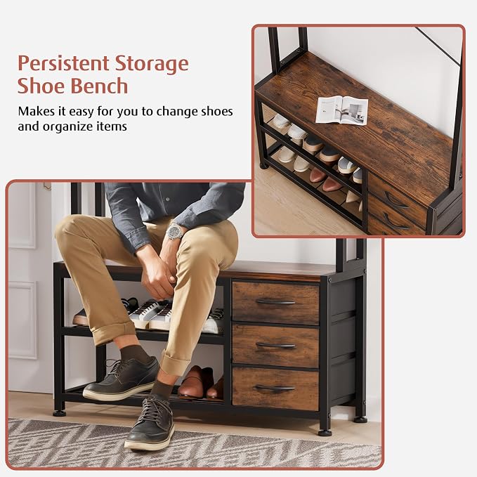 Hall Tree with Bench and 3 Drawers Storage, 31.5" Coat Rack Freestanding | Rustic Brown, 6-in-1, Top Cubby, 12 Coat Hooks, Adjustable Shoe Rack, Sturdy Metal Frame, Entryway Organizer