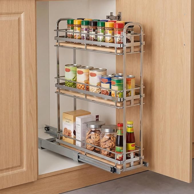 VEVOR Pull Out Spice Rack Organizer for Cabinet, 3 Tier Slide Out Spice Rack Organizer, Height Adjustable Heavy Duty Metal Seasoning Kitchen Basket for Cabinets, 5.75" W x 20.98" D x 21.34" H, Silver
