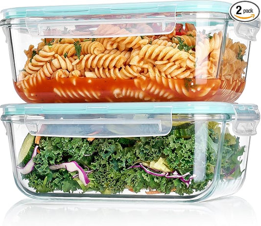 Vtopmart Large Glass Storage Containers, Green, 2Pack, 1860ml/63oz | Meal Prep Food Container Set with Snap Airtight Lid, For Baking, Microwave, Oven, Leak Proof, Freezer, Dishwasher, BPA Free
