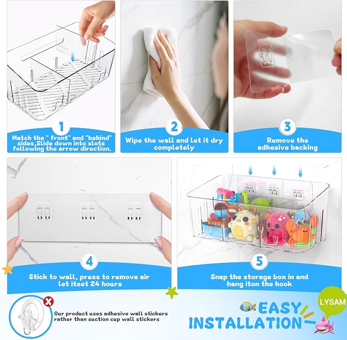 Bath Toy Storage 4 Packs, Large Bath Toy Holder - 3 Compartments, Quick-Dry | BPA-Free Bathtub Toy Organizer, Wall-Mounted Adhesive Shower Caddy, Bathroom Toy Basket & Bin for Baby, Toddler, Kids, Clear