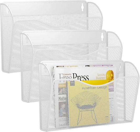 3 Single Pocket Wall File Holder, Mesh Hanging File Folder Paper Organizer, Vertical Wall Mounted Mail Basket, Storage Organization Magazine Rack for Office, Home and School, White
