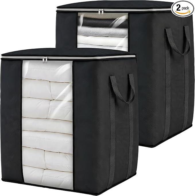Blanket Storage Bags 120L for Comforter Clothes Bedding 2 Pack Black | Breathable 100 gsm Fabric, Clear PVC Window, Heavy-Duty Metal Zipper, 2 Reinforced Handles, Foldable for Closet Storage