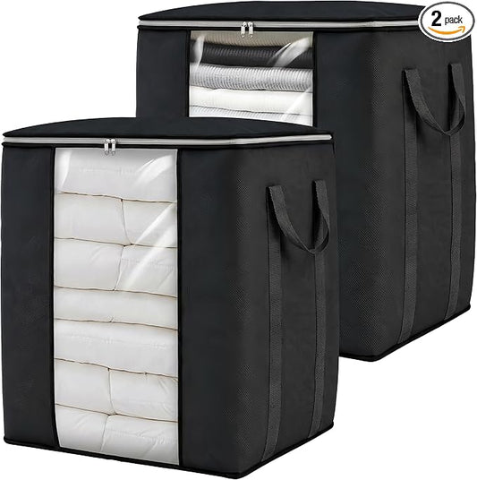 Blanket Storage Bags 120L for Comforter Clothes Bedding 2 Pack Black | Breathable 100 gsm Fabric, Clear PVC Window, Heavy-Duty Metal Zipper, 2 Reinforced Handles, Foldable for Closet Storage