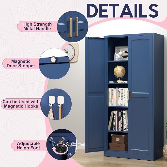 UNICOLY 71" Kitchen Pantry Cabinet, Metal Pantry Storage Cabinet with Doors | Tall Storage Cabinet with 4 Shelves, Storage Cabinets for Kitchens, Living Room, Dinning Room, Assembly Required，Blue