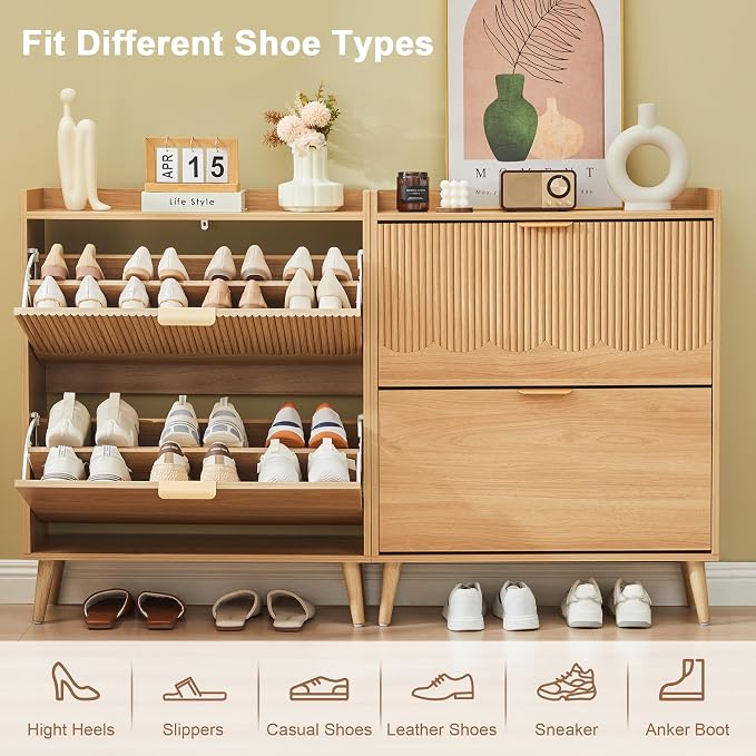 BERRYMERRY 30" Narrow Shoe Storage Cabinet with 2 Flip Drawers Natural | narrow,entryway,20 pairs shoe,shoe organize,hidden shoe rack,fluted panel,wave pattern,wood,space saving