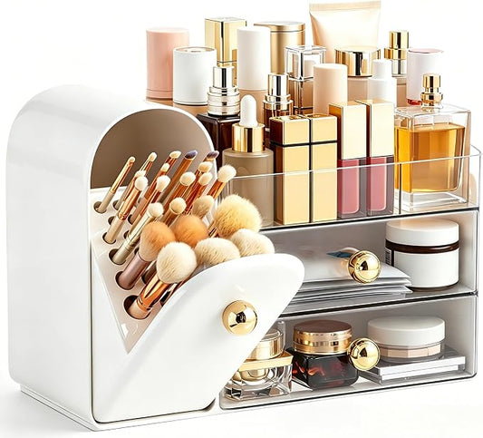 HBlife Makeup Organizer Countertop with Drawers, Vanity Organizers with Brush Holder, Bathroom Counter Organizer for Perfume, Nail Polishes, Lipsticks, Skincare and Eyeshadow Palettes, White and Clear