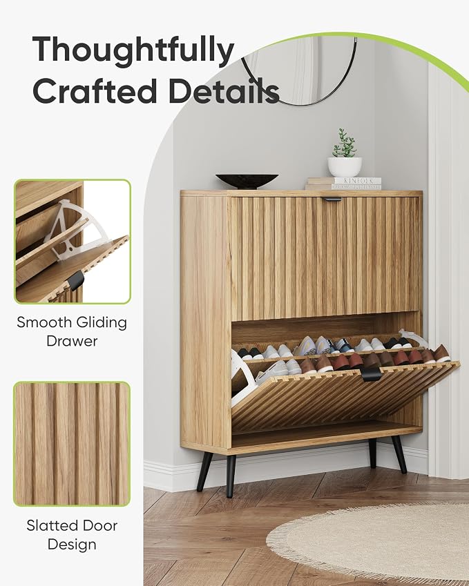 Shoe Storage Cabinet, Fluted Shoe Cabinet Storage for Entryway, Hidden Shoe Cabinet with Metal Legs,Shoe Organizer Cabinet with Flip Doors, Slim Entryway Shoe Storage Cabinet, Natural Wood-31.5in