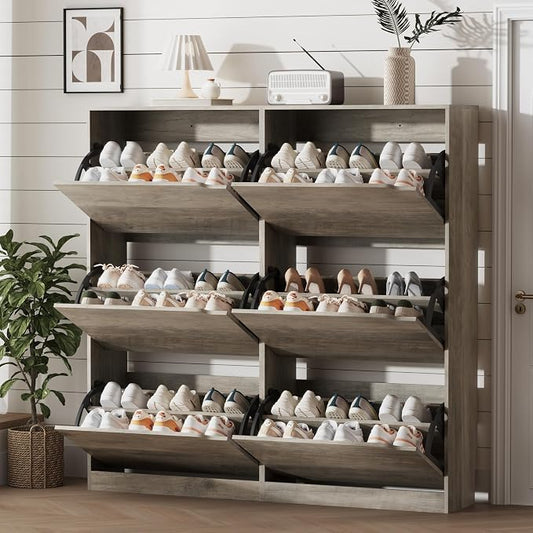 Xixini Shoe Storage Cabinet for Entryway with 6 Flip Drawers, Sturdy Wood Hidden Shoe Storage, Freestanding Narrow Slim Shoe Organizer for Front Door Entrance, Living Room, Hallway, Bedroom, Grey