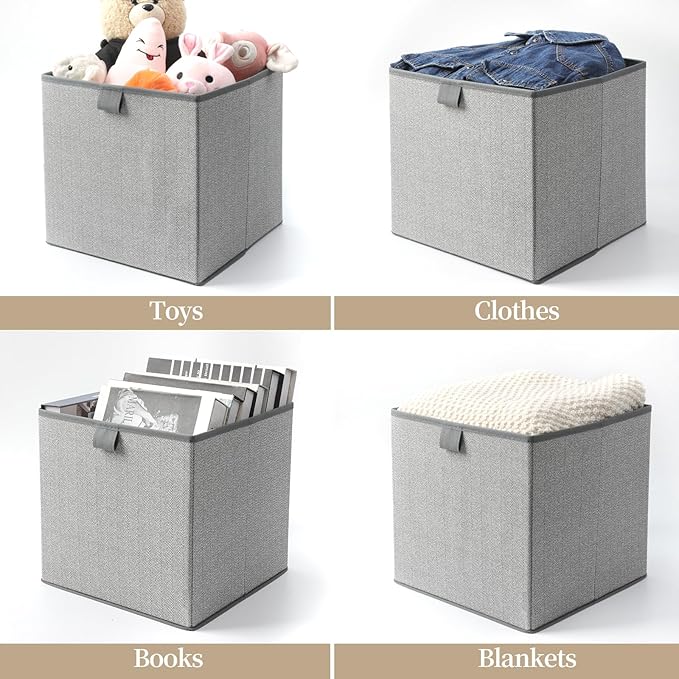 Storage Baskets, 11.8-Inch Woven Fabric Bins, Storage Cubes with Reinforced Handles, Organizer Bins for Closet Shelves, Foldable, for Toys, Clothes (2PCS/Grey-11.8*11.8*11.8inch)