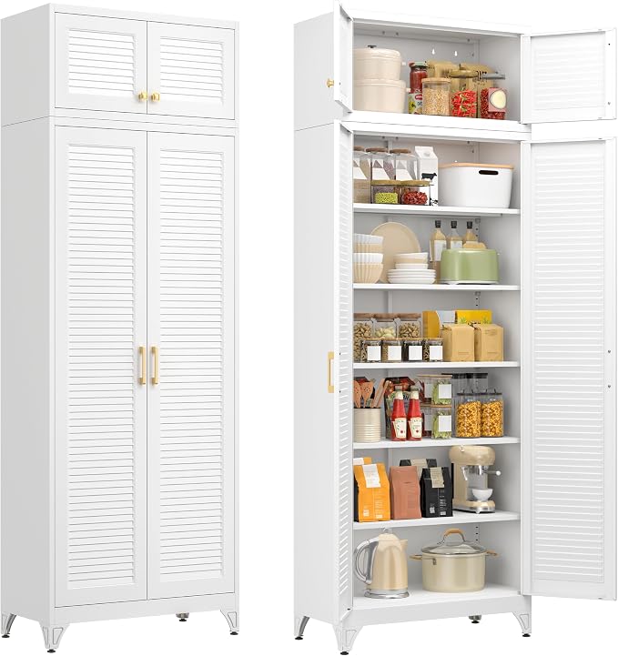 90" Tall Metal Kitchen Pantry Storage Cabinet with Doors | White Freestanding Heavy Duty Steel Cupboard, 5 Adjustable Shelves,Extra Large Organizer for Home and Garage (2 Boxes)