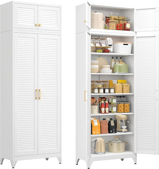 90" Tall Metal Kitchen Pantry Storage Cabinet with Doors | White Freestanding Heavy Duty Steel Cupboard, 5 Adjustable Shelves,Extra Large Organizer for Home and Garage (2 Boxes)