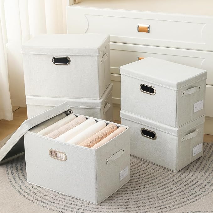 PRANDOM Large Collapsible Storage Containers with Lids [5-Pack] Fabric Foldable Storage Bins Boxes Organizer Baskets Cube with Cover for Home Bedroom Closet Office Beige(17.3x11.8x11.8)