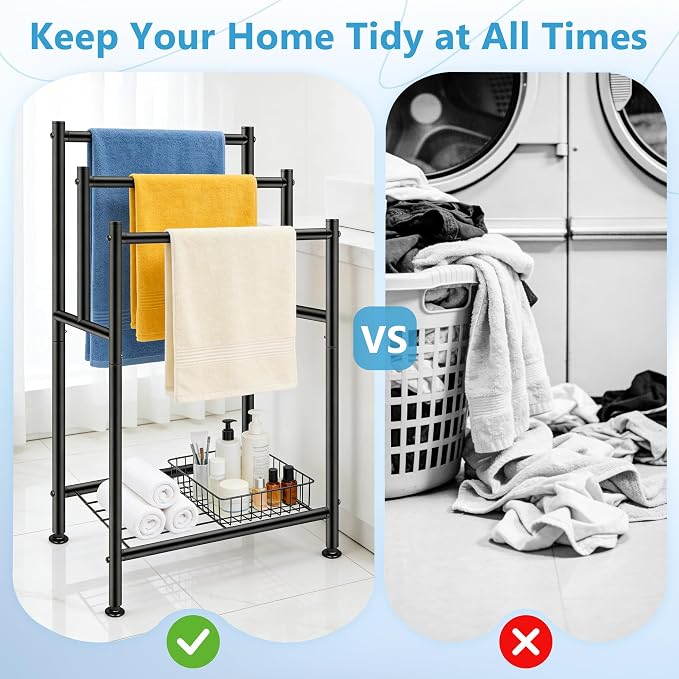 Standing Towel Rack, 3 Tier Towel Racks for Bathroom with Storage Shelf, Freestanding Metal Pool Blanket Holder Floor Towel Drying Rack Outdoor, Black
