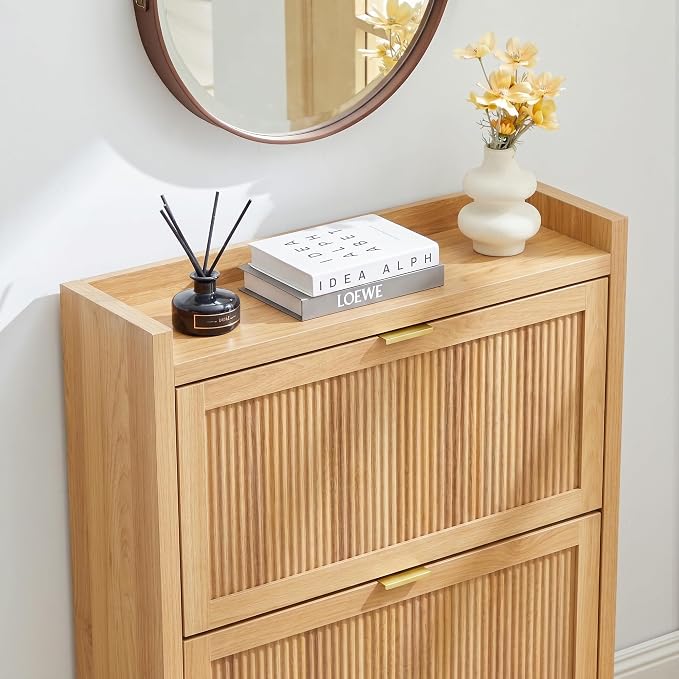 Fluted Shoe Storage Cabinet with 2 Flip Door for Entryway | Farmhouse, Natural color, Adjustable shelves, Tabletop guardrail, Freestanding shoe storage cabinet, for Entryway/hallway