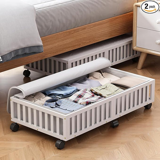 2 Pack Large Bamboo Under Bed Storage Containers with Wheels, White | Underbed Drawer Storage with Bag, Wood Rolling Underbed Organizer for Shoes, Sheets Clothes Blanket Comforter, Under Crib Toy