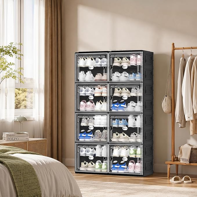 Black Shoe Storage Cabinet for 32 Pairs, Collapsible Plastic Shoe Organizer with Magnetic Clear Doors, 3-Step Tool-Free Assembly for Entryway, Hallway, Apartment and Closet (2Row, 8Tier)
