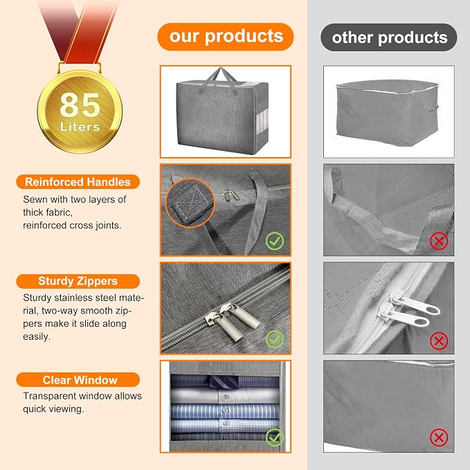 3 Pack 85L Comforter Storage Bags, Extra Large Bedding Storage Bags with Card and Clear Window, Reinforced Handles & Zippers, Foldable Closet Organizers for Blanket Pillow Clothes