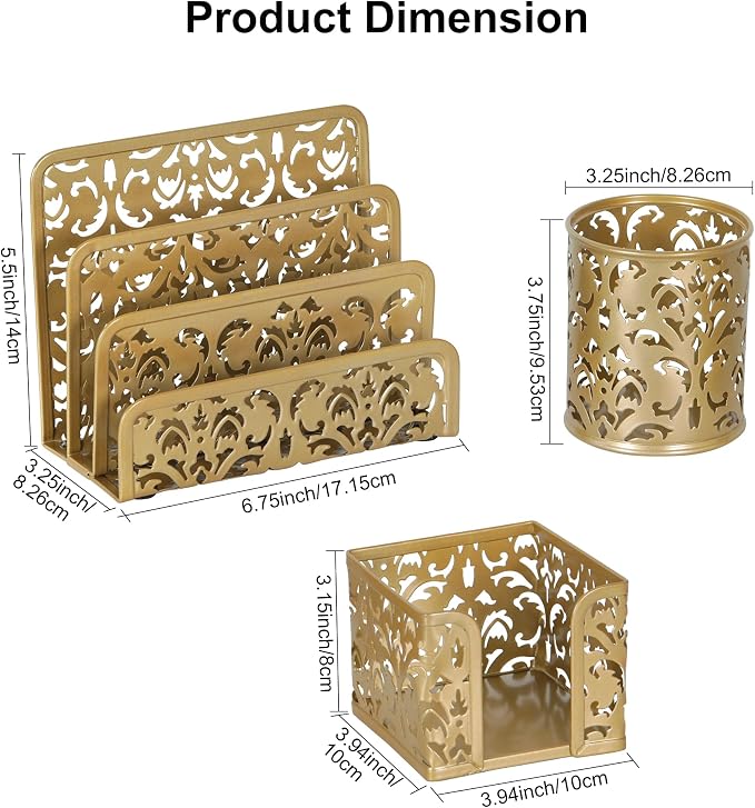 EasyPAG Desk Organizers and Accessories 3 Pieces Office Organizer Set - Pen Holder for Desk, Mail Sorter Countertop and Sticky Note Holder, Gold