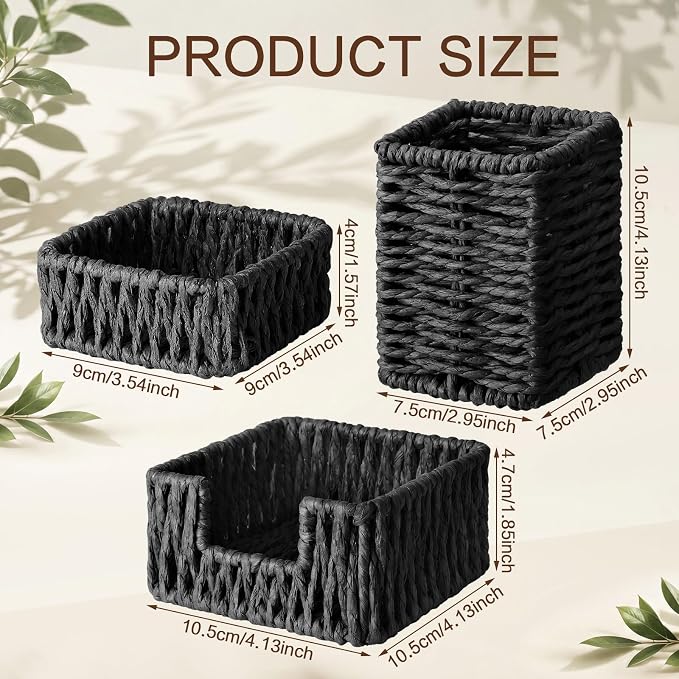 Black Paper Rope Woven Desk Organizer Set of 3 Natural Desktop Accessories Pencil Pen Cup Paper Clip Storage and Sticky Note Holder for Women Men Farmhouse Office Home Desktop Table Decor
