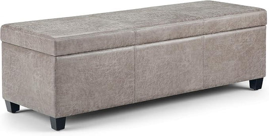 SIMPLIHOME Avalon Storage Ottoman Bench - 48" Wide x 16" High Upholstered Vegan Leather Rectangular Lift-Top Ottoman in Distressed Grey Taupe, Contemporary Bench for Living Room with High-Density Foam