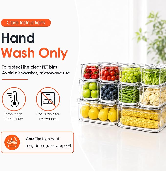 SMRCAD 10 Pack Clear Fridge Organizer Bins with Drain Trays - Stackable | BPA-Free PET, 10 Pack: 10 lidded Bins (Not drawer), Helps Keep Produce Fresh, 17.4L Capacity, Hand Wash Only