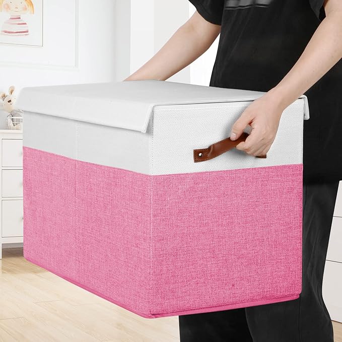 Large Toy Storage Box with Lid, Toy Chest Bin Boxes Basket with Dividers | Sturdy Toy Organizer Bin for Kids, Boys, Girls, Nursery, Living Room, Bedroom, Playroom 25"x13" x16" (Pink and White)
