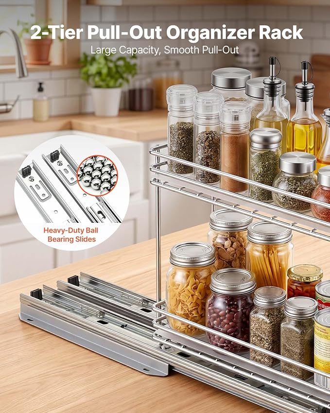 VEVOR Pull Out Spice Rack Organizer for Cabinet, 2 Tier Slide Out Spice Rack Organizer, Heavy Duty Metal Seasoning Kitchen Basket for Inside Cabinets & Pantry Closet, 4.33"W x 8.46"D x 10.43"H, Silver