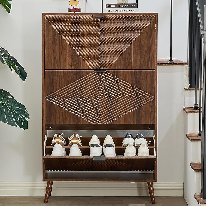 oakvivo Shoe Cabinet with 3 Flip Drawers, 31.5'' W Freestanding Narrow Shoe Storage Cabinet for Entryway, Modern Shoe Organizer with 4 Wooden feet, Hidden Shoe Rack for Hallway Mudroom, Walnut