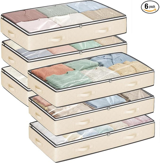 Budding Joy 6 Pack 90L Under Bed Storage Containers Beige | Clothes storage bins foldable storage bags with clear window for blanket, comforter, sweaters, pillows, wrapping paper
