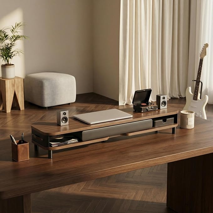 Fenge Dual Monitor Stand with Large Storage Drawer, 42.5" Dsek Shelf, Brown | Slide-Out Drawer with Soft Touch Leather, Ergonomic Monitor Riser, Aluminum leg, 2-Tier Desk Organizer for Laptop, TV, PC