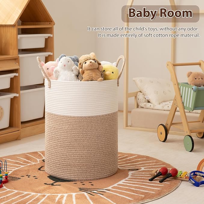 OIAHOMY Large Laundry Basket Hamper - 80L Cotton Rope Woven Basket for Blankets, Toys, Clothes - Tall Decorative Nursery Hamper with Long Handles, Brown/White