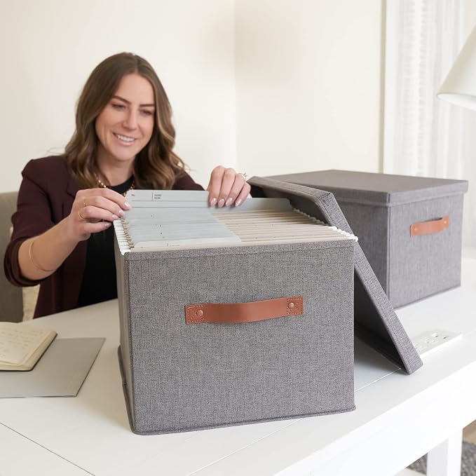 Decorative File Organizer Box Set of 2 - Collapsible Linen Filing Cabinets | Stores Documents and Hanging File Folders - Portable Office Crates with Lid and Handles for Easy Slide Access
