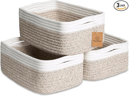 NaturalCozy 11.8"x8"x4.5” Storage Baskets for Shelves 3 Pack | Cotton Rope Woven Small Baskets for Organizing | Small Storage Bins for Nursery, Bathroom, Closet, Cube Shelf, Decorative, Gift Basket