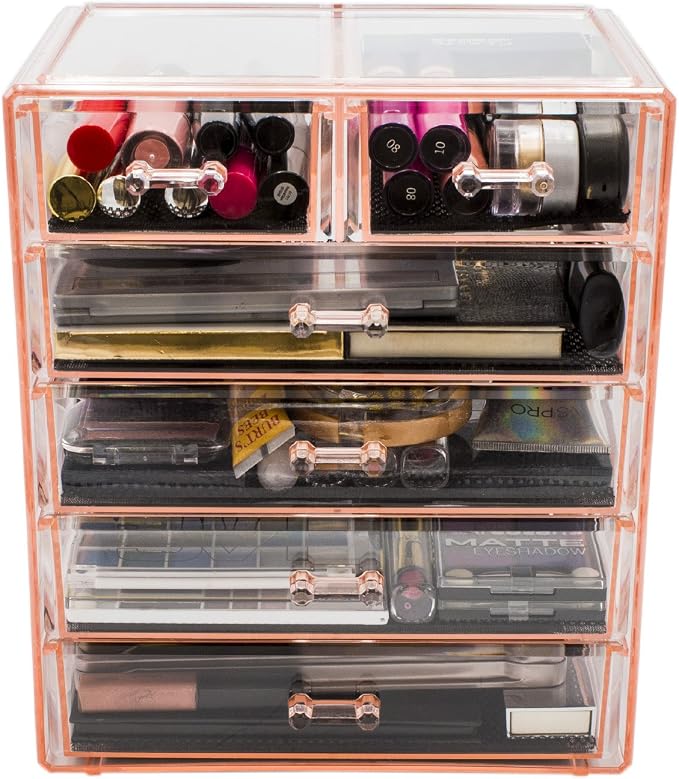 Sorbus Acrylic Makeup Organizer Set, 6-Drawer Vanity & Countertop Cosmetic Storage with Small & Wide Drawers, Pink Makeup Storage for Brushes, Lipsticks, Jewelry – Holiday Gift for Women & Teens