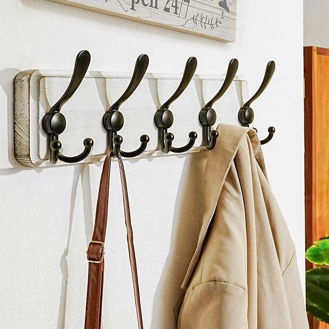 Coat Rack Wall Mounted - 5 Tri Hooks, Heavy Duty, Wooden Wall Coat Hanger Coat Hook for Clothes Hat Jacket Clothing, White & Black