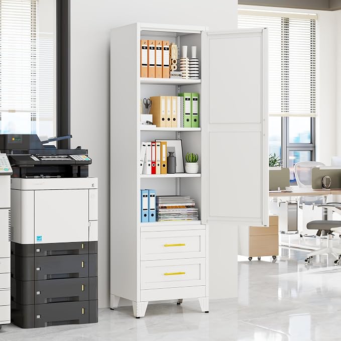 Tall Metal Narrow Storage Cabinet 67" H with 2 Drawer, White Pantry Cabinets with 3 Adjustable Shelves and Door,Tall Bathroom Cabinet for Kitchen, Home Office, Living Room, Dining Room