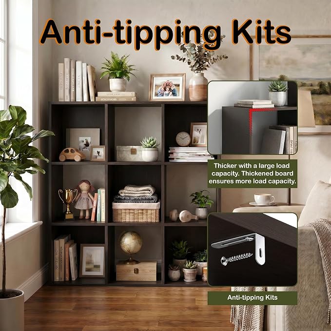 WannabeMyself【Sturdy Build&Easy Assembly】9 Cube Storage Organizer with Anti-Tipping Kits,Reversible Open Back Book Shelf, Bookcase for Living Room,Bedroom,Entrance Hall,Office,35.8×11.4×35.9,Chocolate