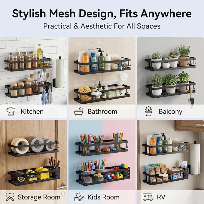 PUSDON 5-in-1 16.5" Extra Long Kitchen Organizer & Shower Caddy Set, Wall Mount Spice Rack with Paper Towel Holder, Utensil Holder & Soap Dish, Rustproof Mesh - Matte Black, Guardrail