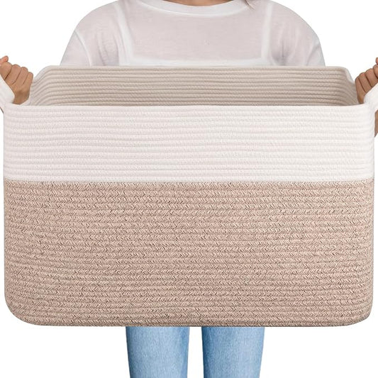 OIAHOMY Extra Large Blanket Basket, 95L Cotton Rope Woven Laundry Basket, Toy Bin for Baby Room, Container for Blanket Storage in Living Room, 24''×17''×14'', Brown & White